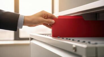 Man placing a red file into a metal cabinet for efficient document organization and storage photo