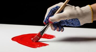 Gloved hand holding a paintbrush applying vibrant red paint stroke on white surface. photo