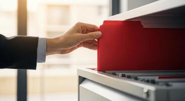Businessman organizing documents by placing a red file folder into a filing cabinet photo
