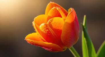 Close Up of a Vibrant Orange Tulip with Water Droplets Unfurling in Soft Sunlight photo
