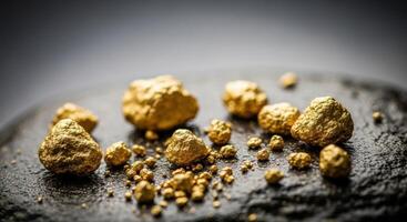 Rough gold nuggets and smaller particles scattered on a dark textured surface photo