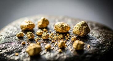 Rough Gold Nuggets and Particles Scattered on a Dark Textured Surface photo