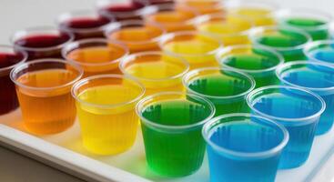 Colorful jelly in small plastic cups arranged in a vibrant rainbow gradient photo