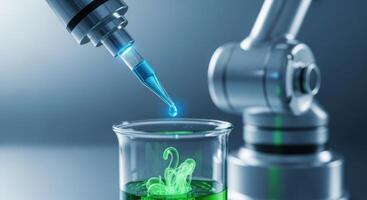 Robotic arm dripping liquid into a beaker in a futuristic science laboratory photo