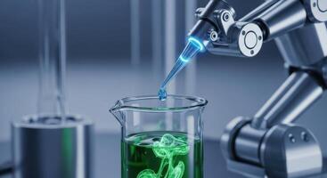 Robotic Arm Dispensing Liquid into Beaker in Futuristic Laboratory photo