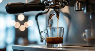 Espresso pouring from a professional coffee machine into a glass cup in a cafe. photo