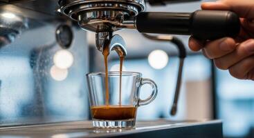 Close up of fresh espresso coffee pouring from a professional coffee machine into a glass cup photo