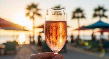 Hand holding a frosty glass of sparkling rose wine at sunset on a tropical beach. photo