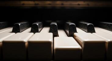 Close up low angle view of worn white and black piano keys on a classic musical instrument photo