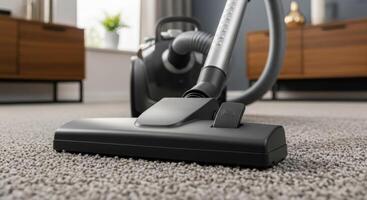 Close Up of Vacuum Cleaner Head on Grey Carpet in a Modern Home Interior photo