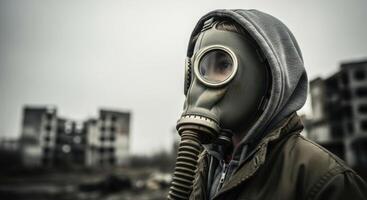 Young child in a gas mask stands in a desolate, ruined city landscape. photo