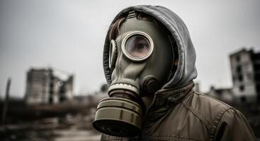 Young child wearing a gas mask in a desolate, ruined city landscape under a grey sky photo
