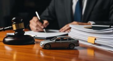 Legal proceedings for car accident claims with gavel, toy car, and documents on a desk photo