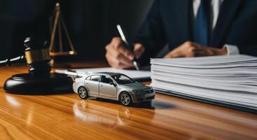 Man in suit writing at desk with toy car, gavel, and scales of justice for legal matters photo