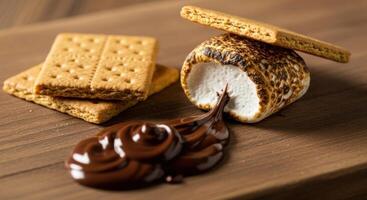 Deconstructed Smores Ingredients with Roasted Marshmallow and Melted Chocolate photo