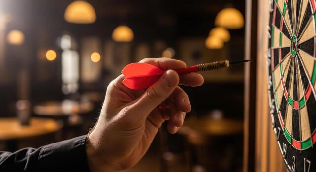 Man holding a red dart, aiming at a dartboard in a pub for a game photo