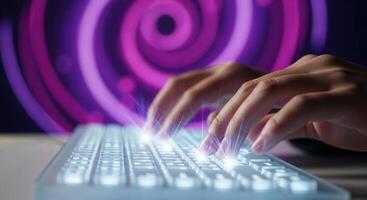 Hands typing on a futuristic glowing keyboard with an abstract purple digital background photo