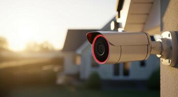 Outdoor bullet style security camera with red light on a house wall at sunset photo