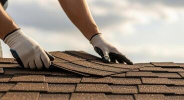 Worker hands in gloves installing brown asphalt shingles on a house roof photo