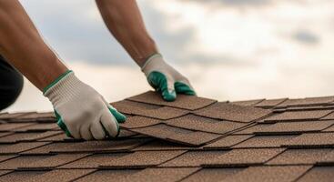 Professional roofer hands in work gloves installing brown asphalt shingles on a residential house roof. photo