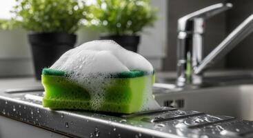 Bright Green Kitchen Sponge Covered in White Soap Suds on a Stainless Steel Sink photo