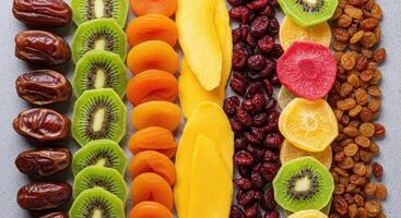 Colorful Dried Fruits Arranged in Vertical Rows Including Dates Kiwi Apricots and Mango photo