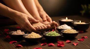 Woman receiving a relaxing foot spa treatment with natural scrubs and candles photo