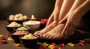 Woman receiving a relaxing foot spa treatment with colorful bath salts and a lit candle photo