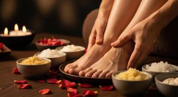 Woman Receiving a Relaxing Spa Foot Treatment with Natural Products and Candles photo