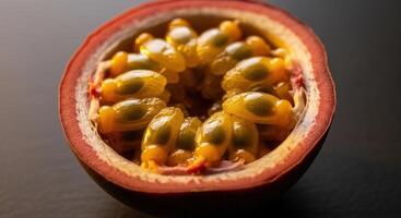 Close up macro view of a halved passion fruit with vibrant yellow pulp and seeds photo