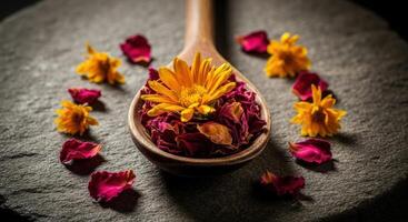 Rustic wooden spoon with dried rose petals and yellow flower on dark stone surface photo