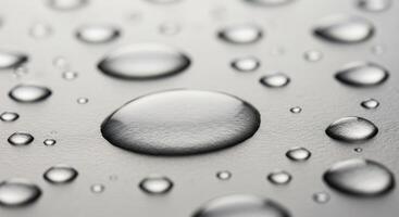 Clear water droplets on a textured grey surface creating a fresh and clean abstract pattern photo