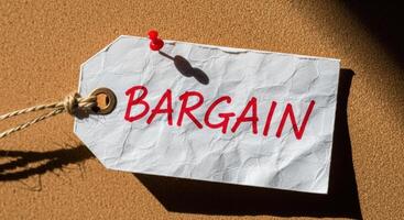Crumpled white paper tag with the word Bargain written in red, pinned to a brown surface photo