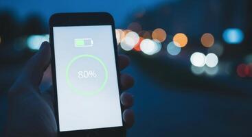 Hand Holding Smartphone Displaying 80 Percent Battery Charge Against City Lights photo