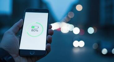 Hand holding a smartphone displaying 80 percent battery charge with blurred city lights photo