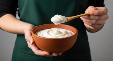 Person in apron holding a terracotta bowl of creamy white yogurt with a wooden spoon photo