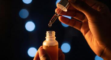 Dark skinned hands holding a frosted glass dropper bottle with amber liquid and falling drop photo