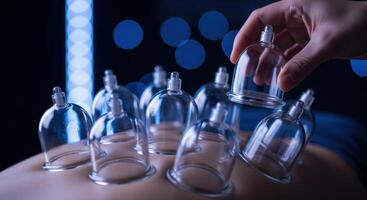 Hand applying clear glass cupping jars to a person back for alternative therapy photo