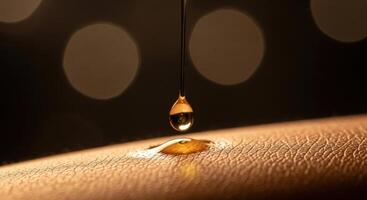 Golden liquid drop falling onto smooth skin for beauty and hydration concept photo
