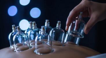 Hand Applying Glass Cupping Jars to a Human Back for Traditional Therapy photo