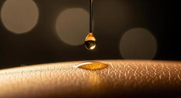 Golden Liquid Drop Falling onto Smooth Skin for Hydration and Beauty Care photo