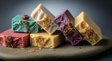 Colorful Handmade Natural Soap Bars with Dried Petals and Rosebud on a Stone Surface photo