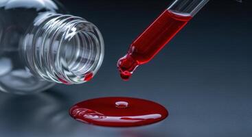 Red Liquid Dropping from Glass Dropper Near Bottle on Dark Surface photo
