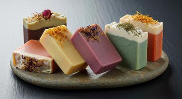 Colorful handmade natural soap bars with dried flowers and herbs on a stone surface photo
