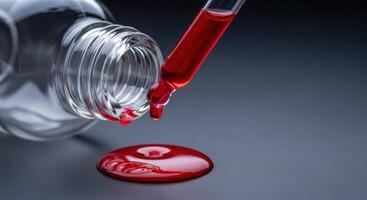 Red liquid dripping from a glass dropper into a bottle with a spill on a dark surface photo