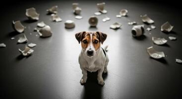 Guilty Jack Russell Terrier Dog Sitting Among Broken Ceramic Pieces on a Dark Floor photo