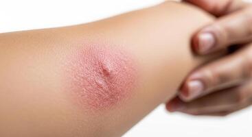 Close up of a red inflamed skin irritation on a human arm, possibly an allergic reaction photo