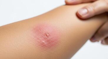 Close up of red inflamed skin irritation on arm, possibly an allergic reaction or insect bite photo