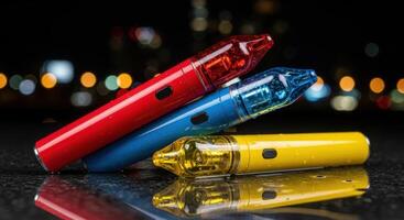 Colorful red, blue, and yellow vape pens with water droplets on a wet reflective surface photo