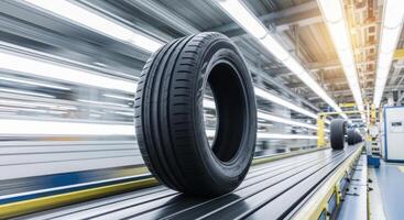 New Car Tire Moving on Automated Conveyor Belt in Modern Automotive Factory photo